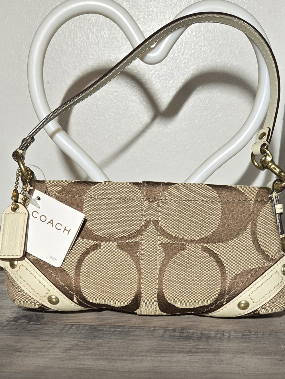 Coach Micro Carly Signature Mini Shoulder Bag in Tan and Cream